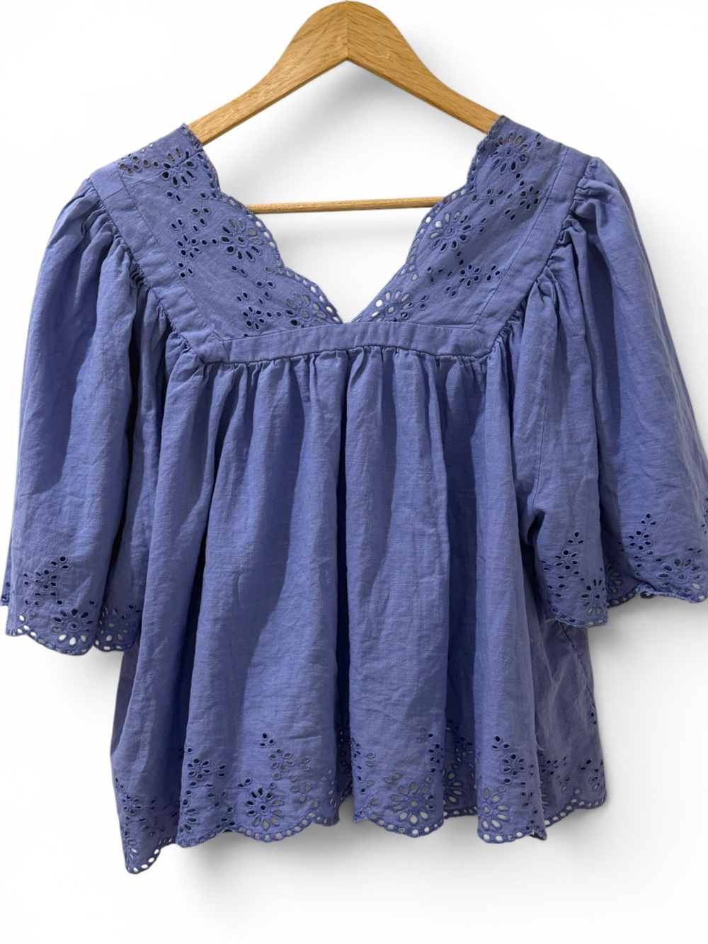 Free People Costa Eyelet Top Periwinkle Cotton Puff Sleeve Boho Blouse M - Picture 6 of 9